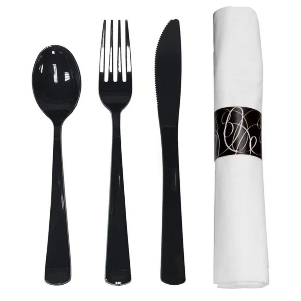25 Party Essentials Pre Rolled Silverware Set Disposable Party Supplies, Wrapped